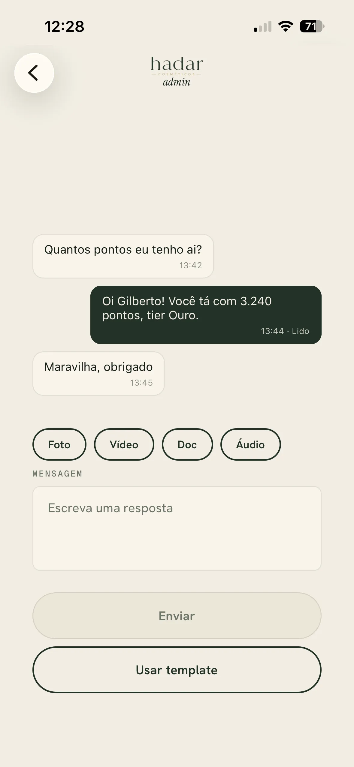 Hadar admin — conversa
