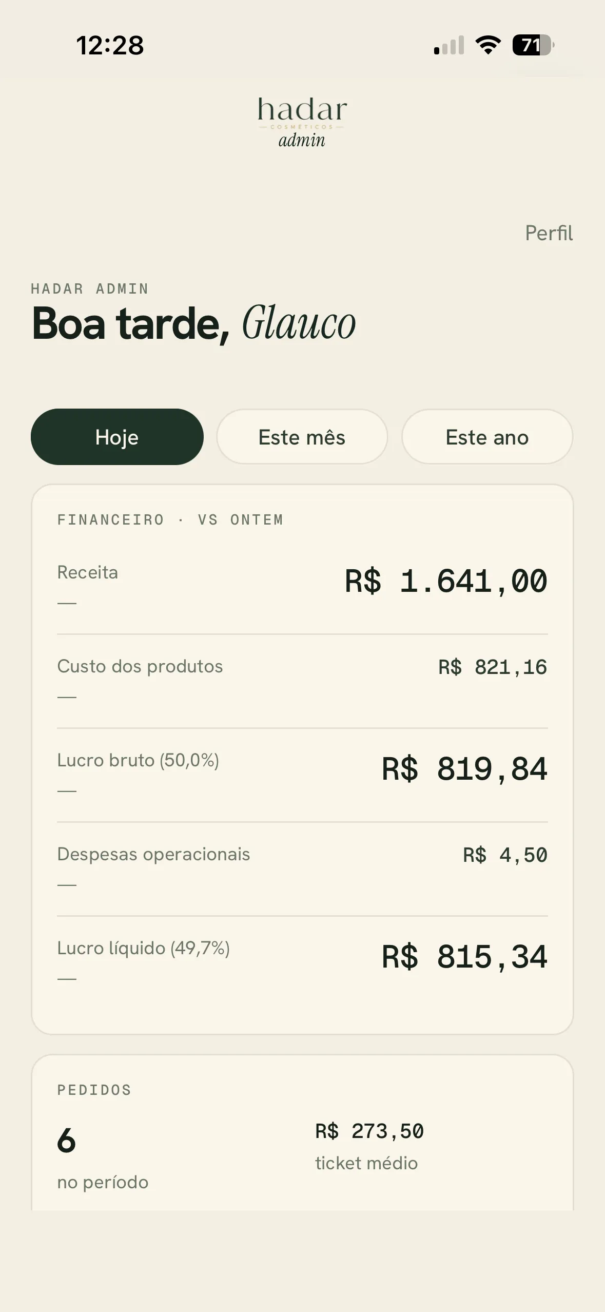 Hadar admin — dashboard financeiro