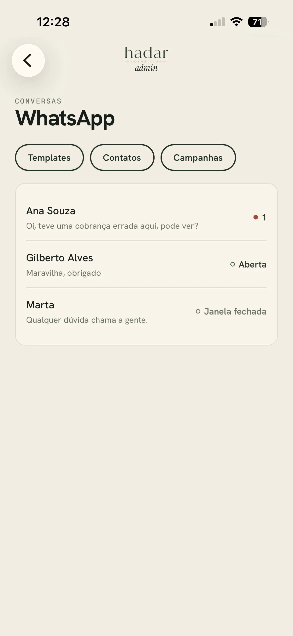 Hadar admin — conversas de WhatsApp