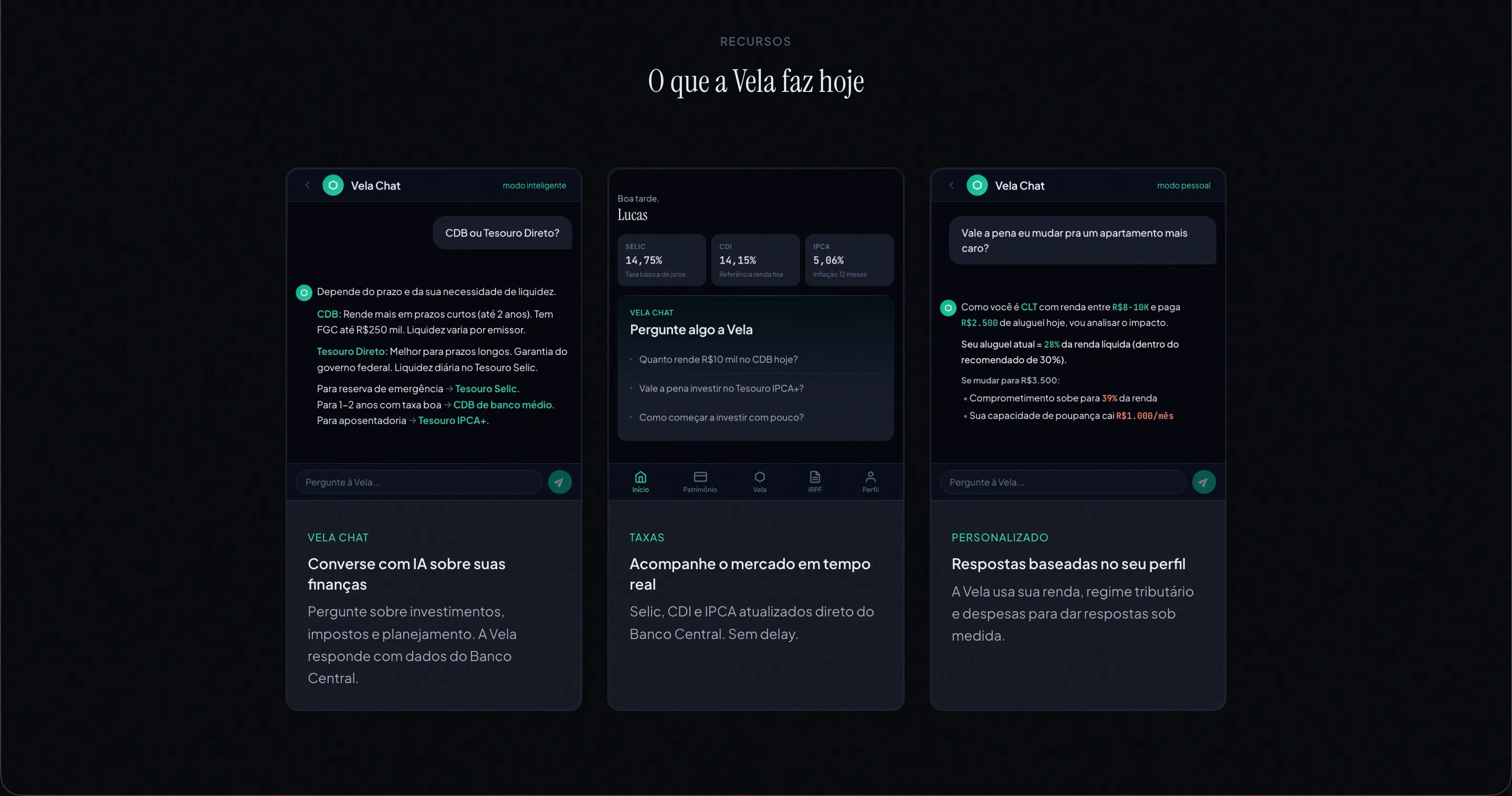Vela — recursos